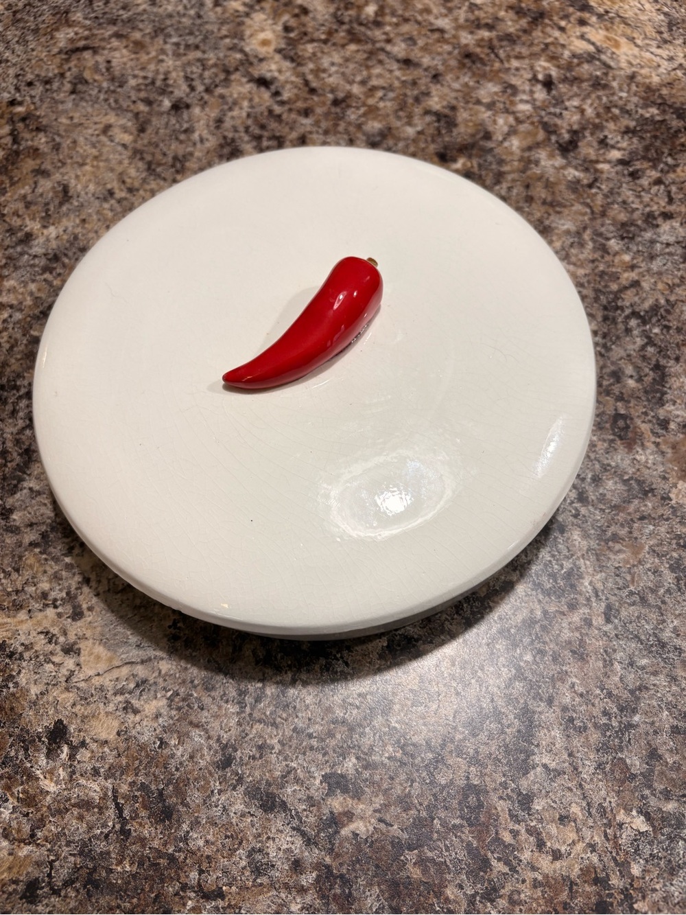 Red Ceramic Chili Dish Lid - Decorative Home Dining Accent “small chip on pepper